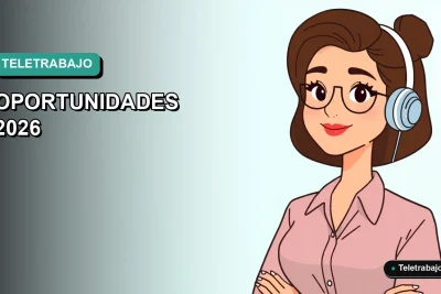 Ilustración plana corporativa de una mujer trabajando remotamente con un fondo degradado azul verdoso.