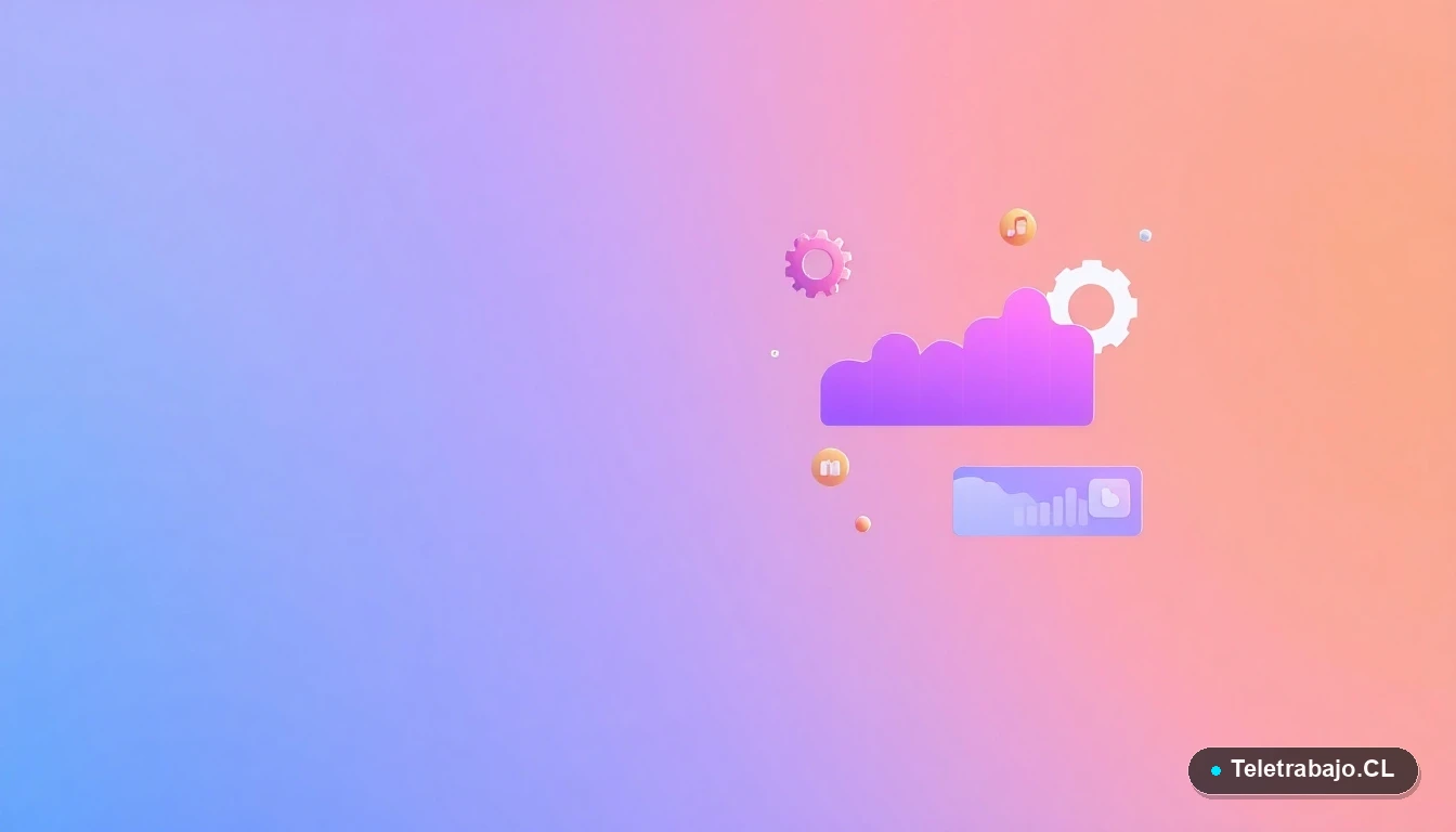 Elementos de interfaz de usuario abstractos y modernos, como gráficos y engranajes, sobre un fondo degradado.