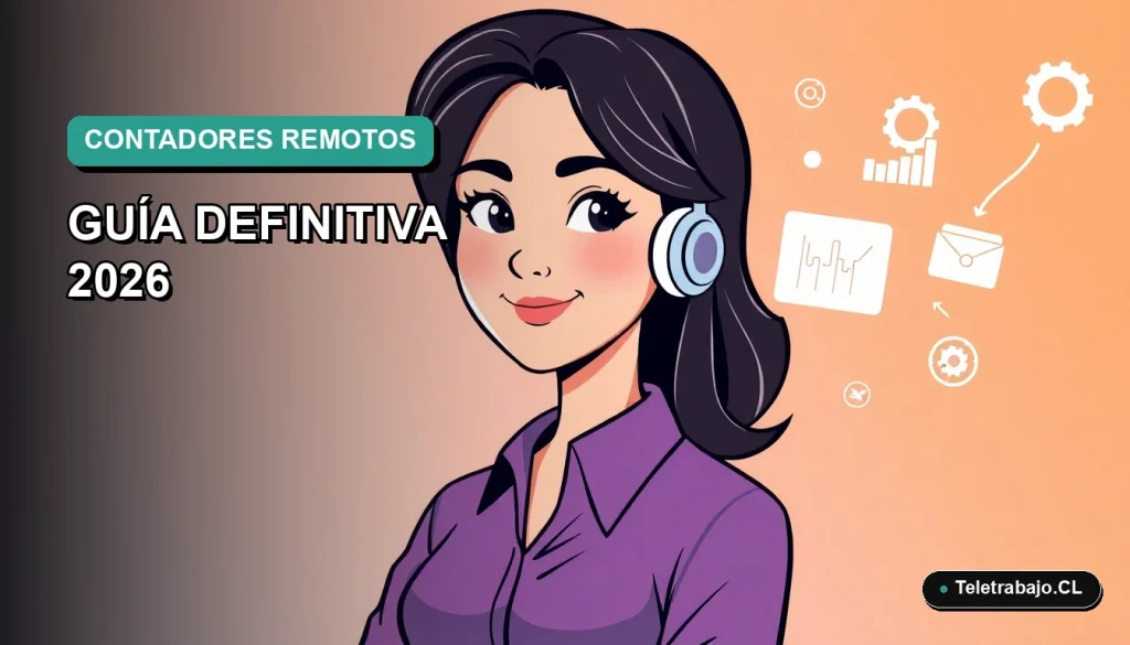 Ilustración plana de contadora feliz trabajando desde casa en estilo corporativo moderno, con gráficos y un fondo degradado azul verdoso.