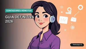 Ilustración plana de contadora feliz trabajando desde casa en estilo corporativo moderno, con gráficos y un fondo degradado azul verdoso.