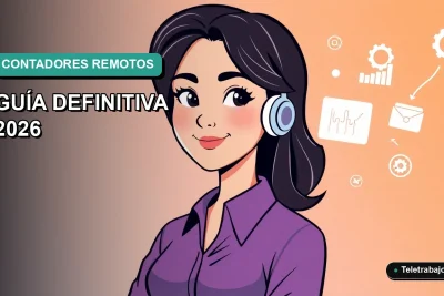 Ilustración plana de contadora feliz trabajando desde casa en estilo corporativo moderno, con gráficos y un fondo degradado azul verdoso.