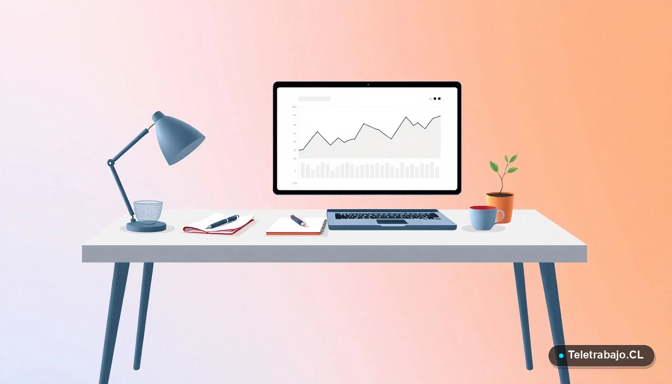 Escritorio moderno minimalista para contador remoto con laptop, gráficos, café y planta, en fondo degradado lavanda, estilo ilustración vectorial plana.