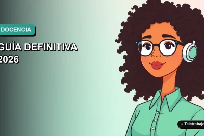 Ilustración plana vectorial de una profesora trabajando de forma remota en su computador portátil, con fondo degradado azul verdoso.