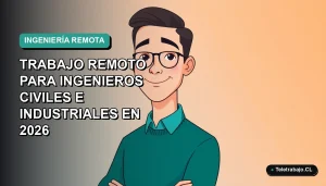 Ilustración plana corporativa de ingeniero civil trabajando de forma remota en 2026, con fondo degradado azul verdoso.