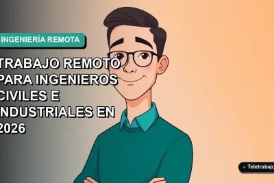 Ilustración plana corporativa de ingeniero civil trabajando de forma remota en 2026, con fondo degradado azul verdoso.