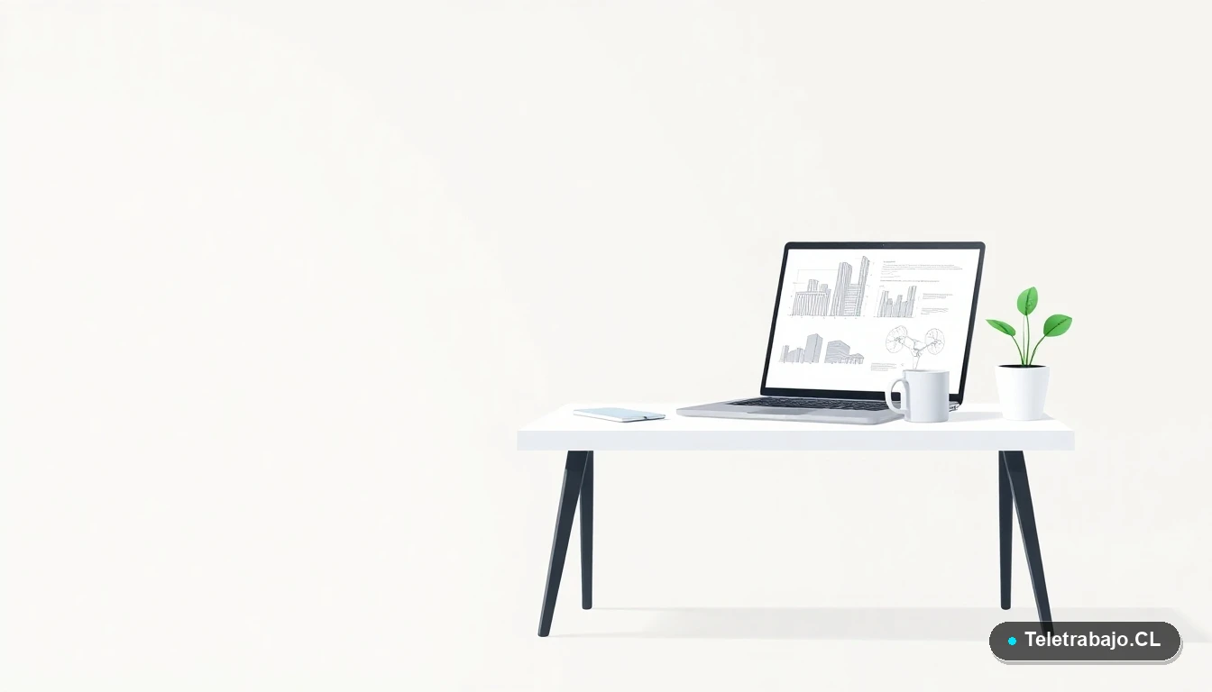 Escritorio moderno minimalista para trabajo remoto con laptop, planta y taza de café, ilustración plana con fondo degradado.