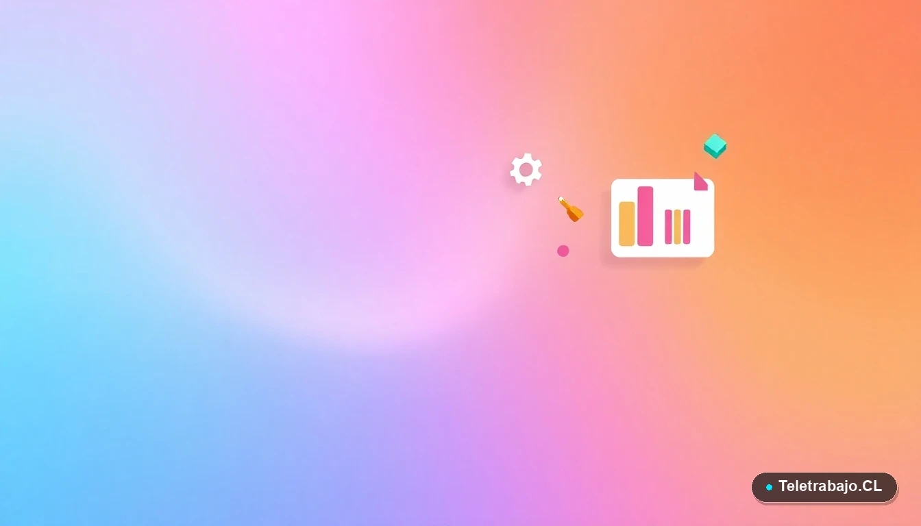 Elementos de interfaz de usuario abstractos y modernos, como gráficos y carpetas flotantes, sobre un fondo degradado de durazno y verde azulado.