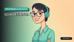 Ilustración plana de profesora feliz trabajando de forma remota desde su casa, estilo corporativo moderno, fondo degradado verde azulado.