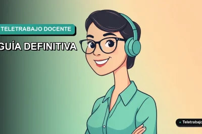 Ilustración plana de profesora feliz trabajando de forma remota desde su casa, estilo corporativo moderno, fondo degradado verde azulado.