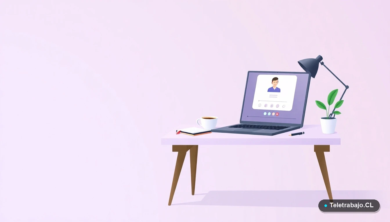 Escritorio moderno minimalista para trabajo remoto con laptop, cuaderno, taza de café y planta, ilustración plana, fondo degradado lila.