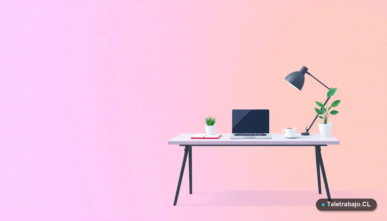 Escritorio moderno minimalista para trabajo remoto con laptop, café y planta, ilustración vectorial plana con fondo degradado lavanda.