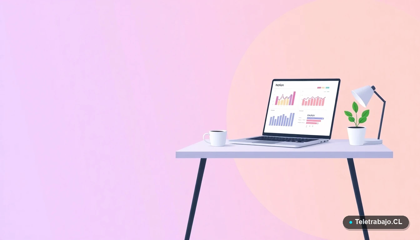 Escritorio moderno vacío con laptop, gráficos y una planta, concepto de trabajo remoto para Alemania, fondo degradado lila y durazno.