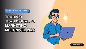 Ilustración vectorial plana comparando trabajo tradicional de oficina con marketing multinivel, estilo Corporate Memphis, fondo degradado azul.