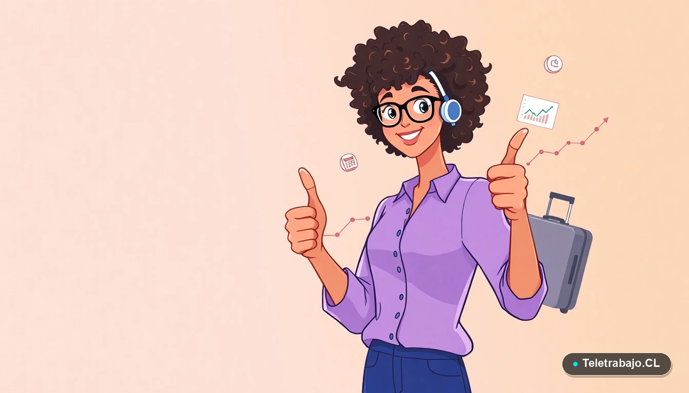 Mujer profesional feliz en teletrabajo, ilustración vectorial plana con iconos de productividad y crecimiento, fondo degradado lavanda, estilo moderno.