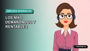 Ilustración vectorial plana de una mujer profesional trabajando remotamente en invierno, con fondo degradado azul verdoso.