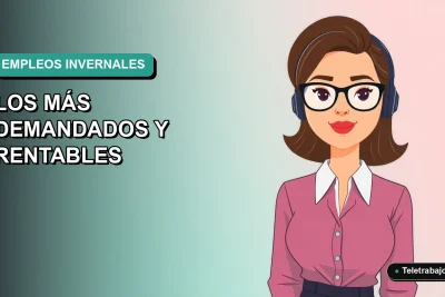 Ilustración vectorial plana de una mujer profesional trabajando remotamente en invierno, con fondo degradado azul verdoso.