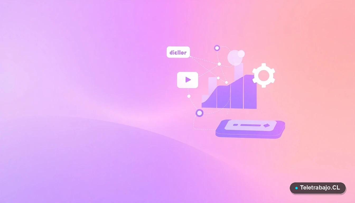 Elementos de interfaz de usuario abstractos y modernos, como gráficos y engranajes flotantes, sobre fondo degradado lila.