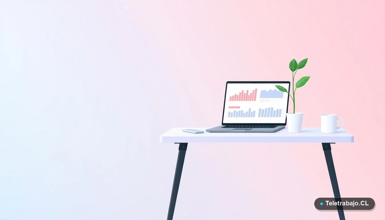 Escritorio moderno vacío con laptop, planta y taza de café, ilustración vectorial minimalista para teletrabajo, fondo degradado menta y lila.