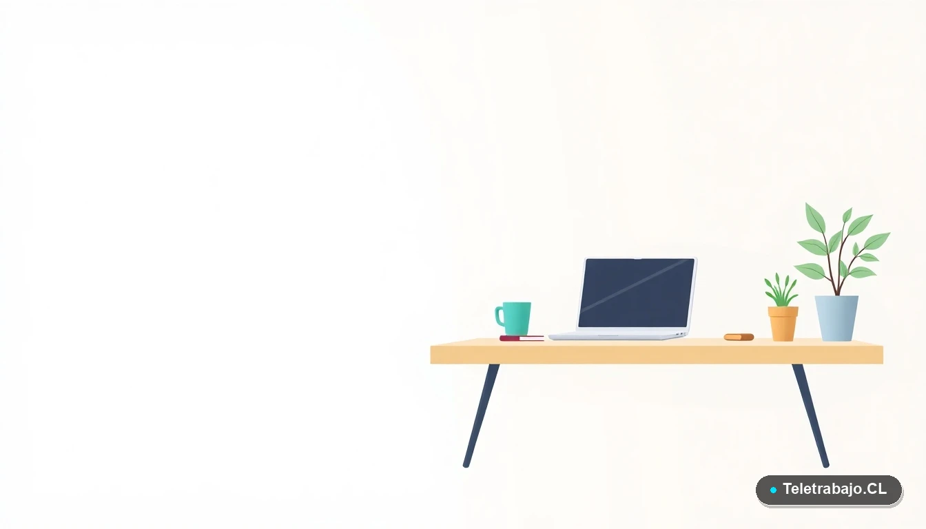 Escritorio moderno vacío con laptop y elementos de oficina, ilustración plana para artículo sobre trabajos de verano.