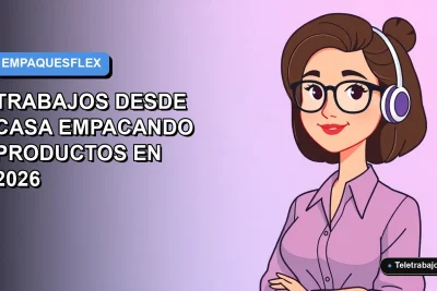 Ilustración plana de mujer trabajando desde casa en estilo corporativo moderno, fondo degradado azul y lila.