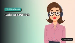 Ilustración plana de mujer profesional trabajando de forma remota en un fondo degradado verde azulado.