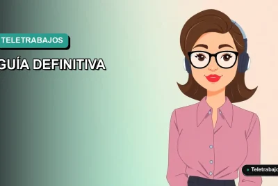 Ilustración plana de mujer profesional trabajando de forma remota en un fondo degradado verde azulado.