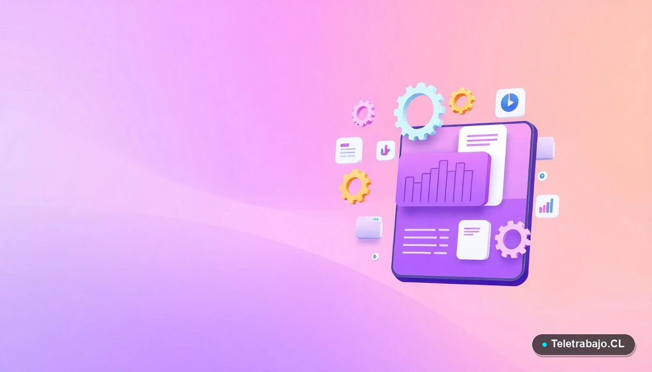 Ilustración de interfaz de usuario abstracta con gráficos y iconos flotantes sobre fondo degradado lila.