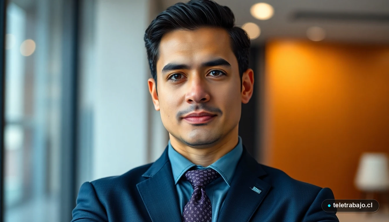 Primer plano profesional de un detective de la PDI de origen hispano, con expresión segura y confiable, en un entorno corporativo moderno y desenfocado.