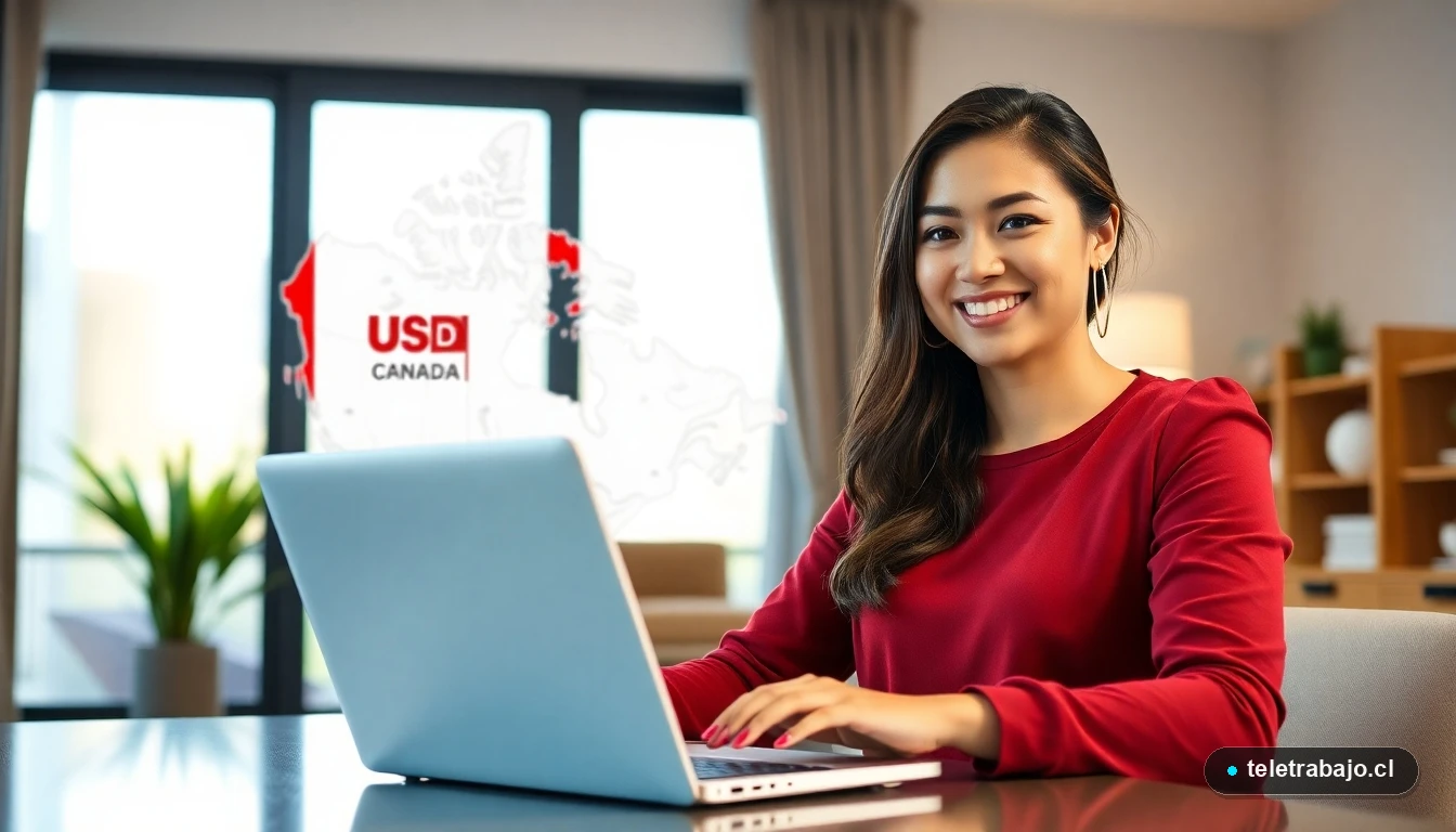 Profesional chilena trabajando de forma remota para una empresa en Canadá desde su hogar, mostrando un entorno de teletrabajo productivo.