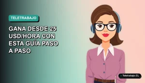 Ilustración plana vectorial de una mujer trabajando remotamente, con fondo degradado azul verdoso, para guía de empleos en Canadá 2026.