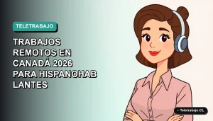 Ilustración plana vectorial de una mujer hispanohablante trabajando remotamente para Canadá, con fondo degradado verde azulado.