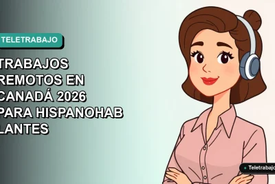 Ilustración plana vectorial de una mujer hispanohablante trabajando remotamente para Canadá, con fondo degradado verde azulado.