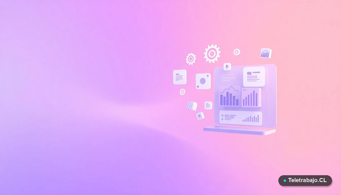 Elementos de interfaz de usuario abstractos y modernos, como gráficos y engranajes, representando el trabajo remoto tecnológico.