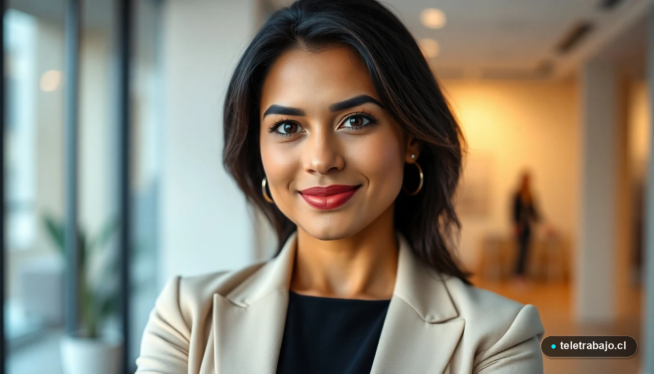 Retrato profesional de una mujer hispana sonriendo con confianza, con un fondo de oficina moderna desenfocada.