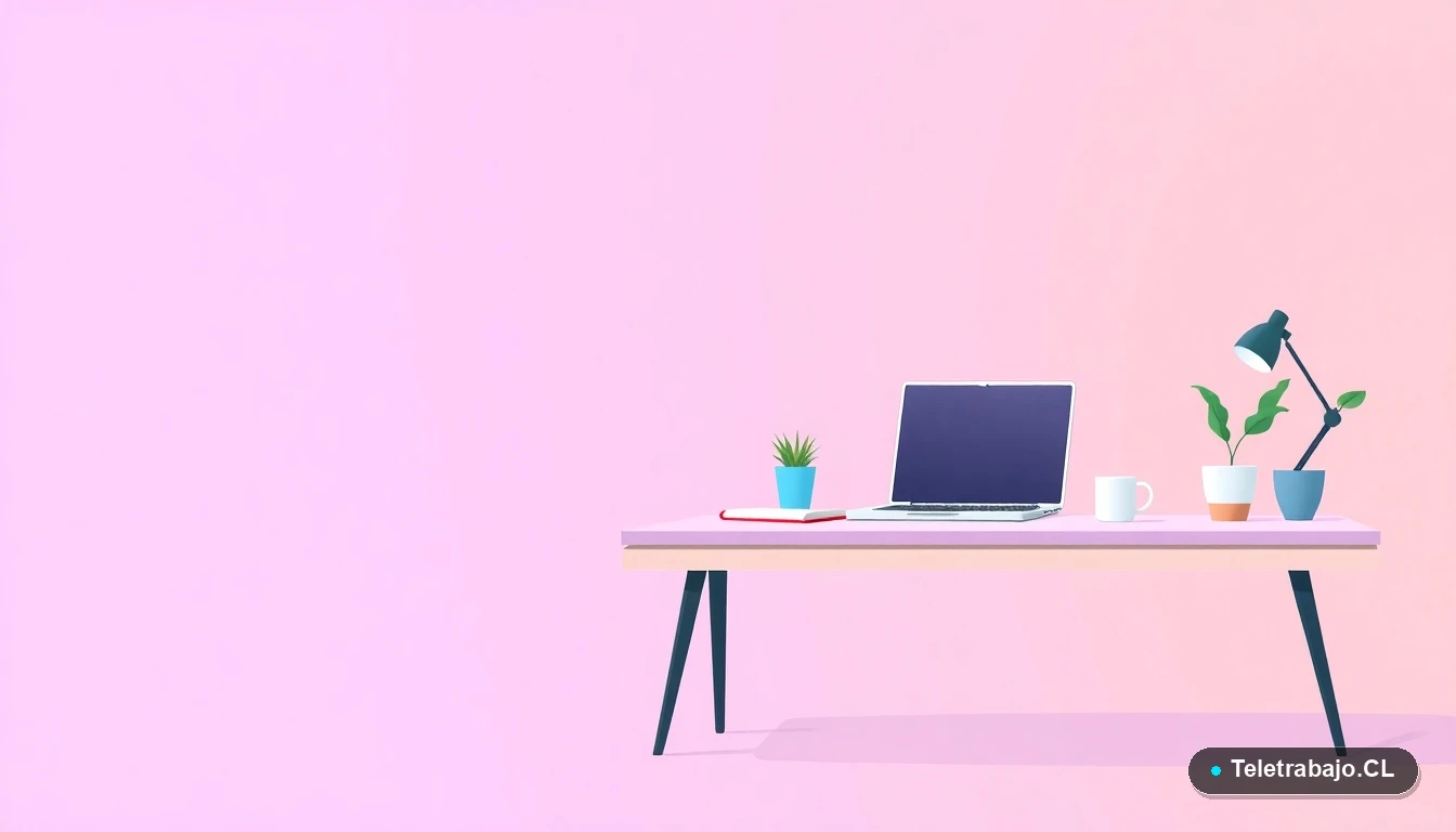 Escritorio moderno minimalista para teletrabajo con laptop y plantas, ilustración plana con fondo degradado lila.
