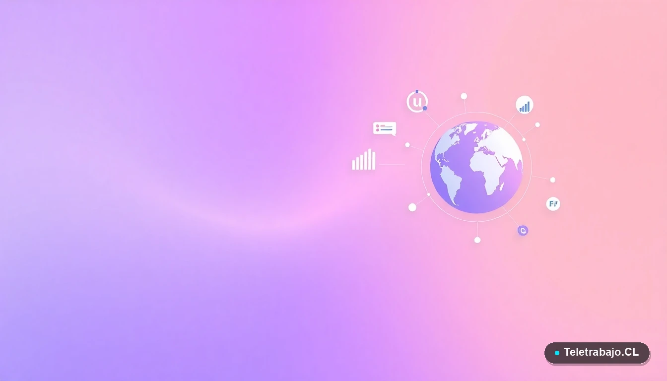 Elementos de interfaz de usuario abstractos y modernos, como gráficos y nodos de red, sobre fondo degradado lila.