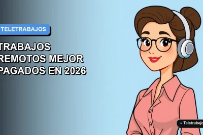 Ilustración plana corporativa de una mujer profesional trabajando de forma remota, con fondo degradado azul y espacio negativo.