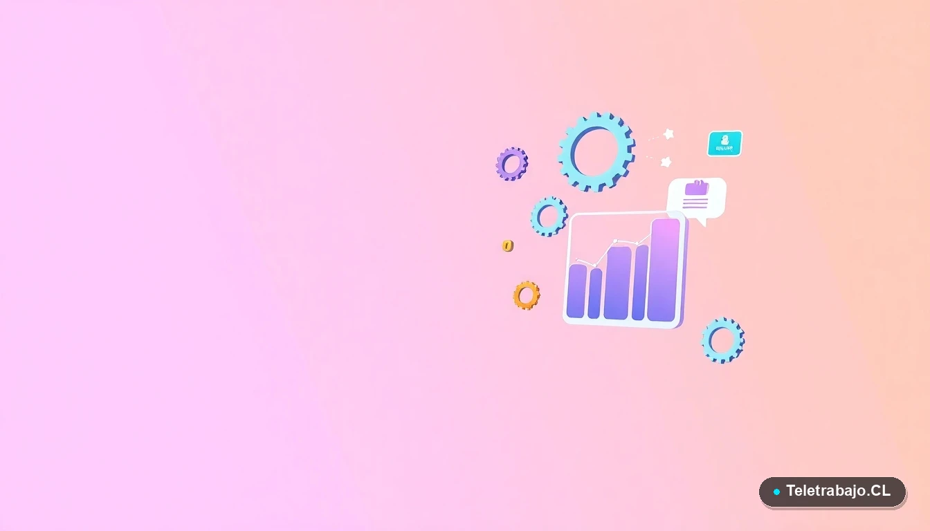 Composición abstracta de interfaz de usuario con gráficos y iconos flotantes, sobre un fondo degradado lavanda y durazno, estilo ilustración vectorial plana.