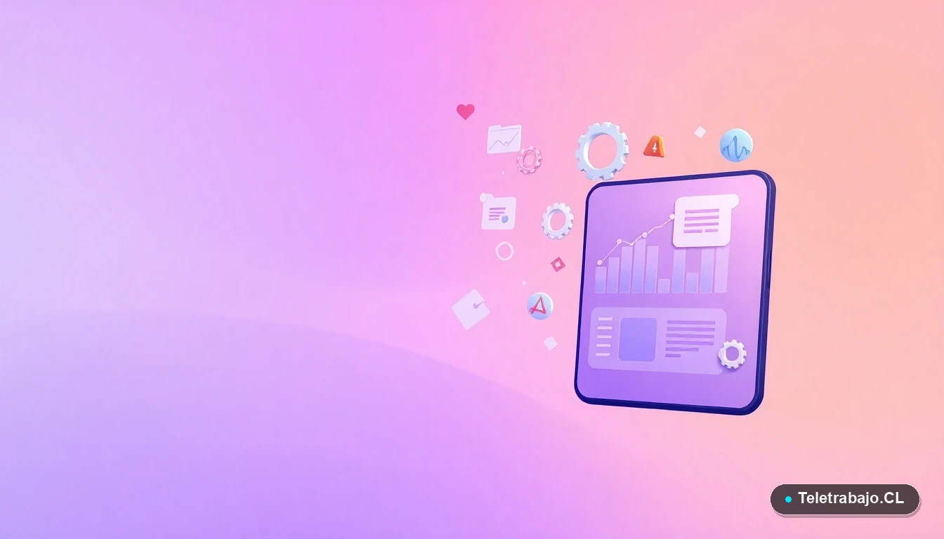 Interfaz de usuario abstracta con gráficos flotantes y engranajes, representando oportunidades de teletrabajo tecnológico para bilingües.