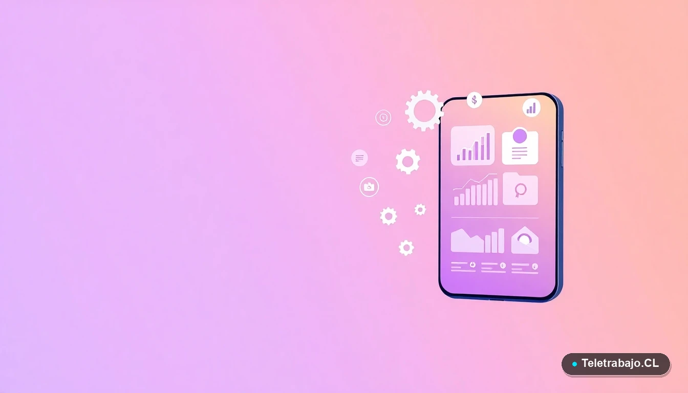 Interfaz de usuario abstracta con gráficos y iconos flotantes, ilustración plana sobre fondo degradado lila.