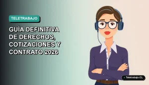 Ilustración vectorial plana de una mujer profesional chilena trabajando remotamente, con un fondo degradado azul verdoso. Representa guía de derechos laborales y cotizaciones para el teletrabajo.