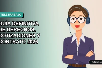 Ilustración vectorial plana de una mujer profesional chilena trabajando remotamente, con un fondo degradado azul verdoso. Representa guía de derechos laborales y cotizaciones para el teletrabajo.