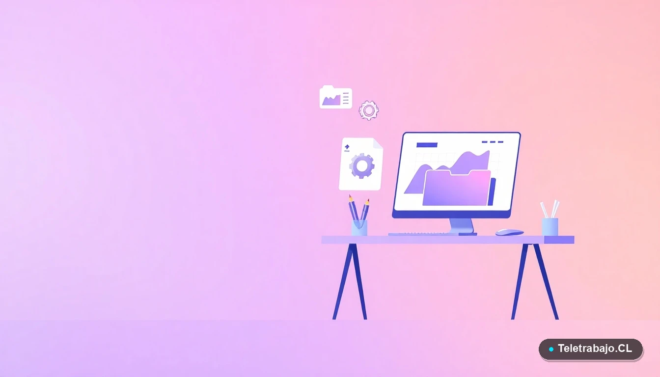 Composición abstracta de interfaz de usuario con gráficos flotantes, un engranaje y una carpeta, estilo ilustración vectorial plana, sobre fondo degradado lila. Representa conceptos de gestión y productividad en el teletrabajo.