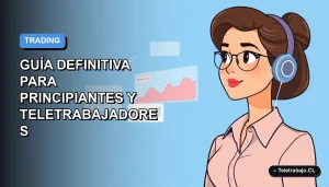 Ilustración plana corporativa de una mujer chilena trabajando desde casa como trader, con gráficos de bolsa en su pantalla, fondo degradado azul.