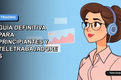 Ilustración plana corporativa de una mujer chilena trabajando desde casa como trader, con gráficos de bolsa en su pantalla, fondo degradado azul.