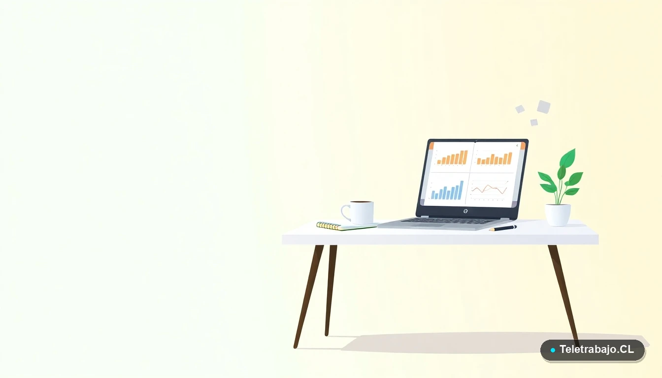 Escritorio moderno minimalista para teletrabajo, con laptop mostrando gráficos de trading, taza de café y planta, ideal para trabajar desde casa en Chile.