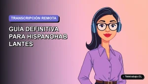 Ilustración plana corporativa de una mujer hispanohablante trabajando remotamente en transcripción, con fondo degradado lila y azul.