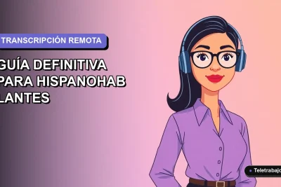 Ilustración plana corporativa de una mujer hispanohablante trabajando remotamente en transcripción, con fondo degradado lila y azul.