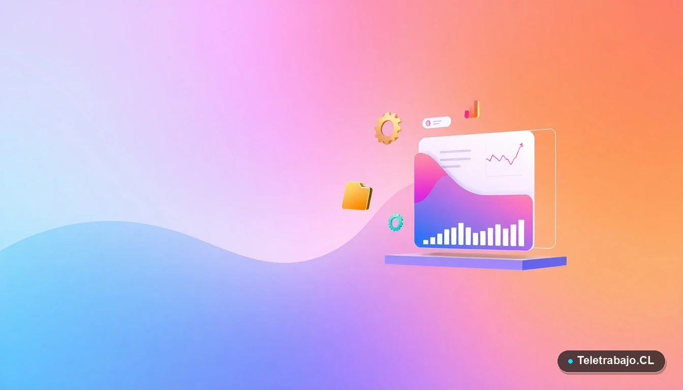 Interfaz de usuario abstracta con gráficos, engranajes y carpetas flotantes, estilo ilustración vectorial plana, sobre fondo degradado verde menta y azul cielo.