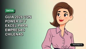 Guía 2026 de Power BI y Excel para análisis de datos empresariales en Chile, ilustración plana corporativa.